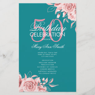 Floral 50th Birthday Program Rose Gold Teal Menu