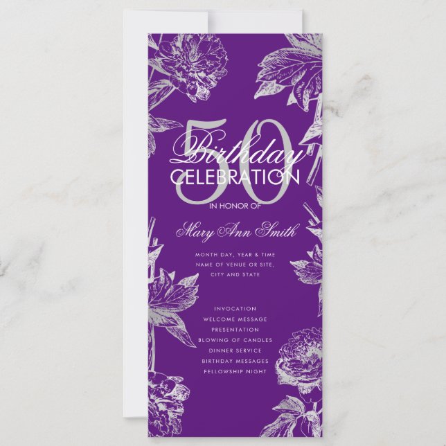 Floral 50th Birthday Program Silver Purple Menu (Front)