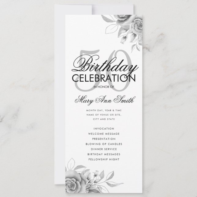 Floral 50th Birthday Program Silver w/ Menu (Front)