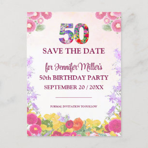 Floral 50th Birthday Save The Date - Pastel 50 Announcement Postcard