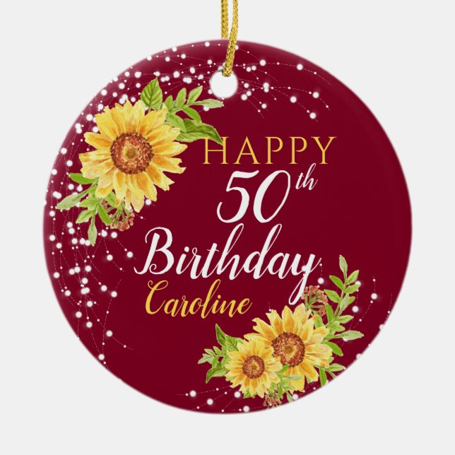Floral 50th Birthday Sunflower Burgundy Ceramic Ornament (Front)