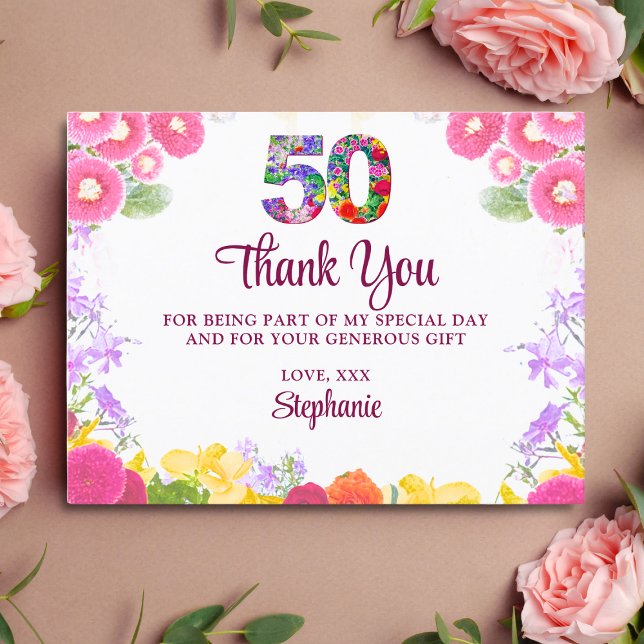 Floral 50th birthday thank you card 50 flower chic (Creator Uploaded)