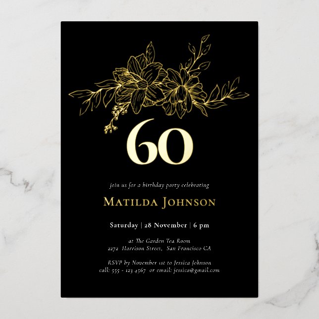 Floral 60e anniversaire Gold Foil Invitation (Recto)