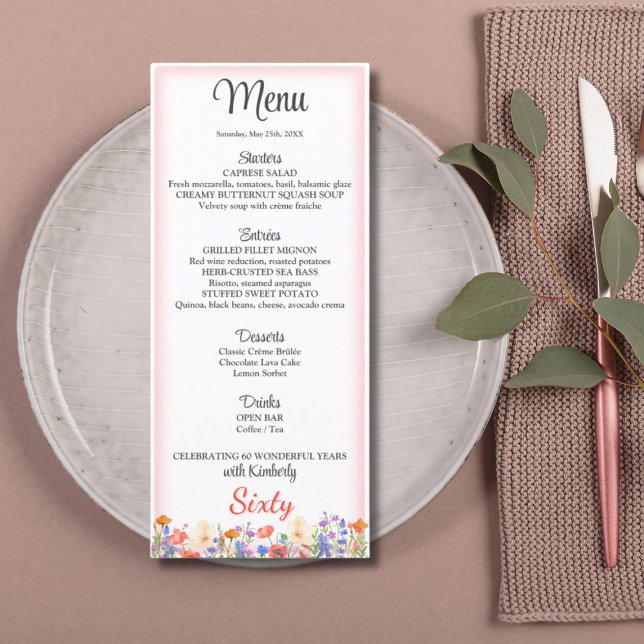 Floral 60e Anniversaire Menu Cartes 60 fleurs menu (Créateur téléchargé)