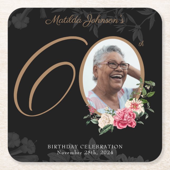  Floral 60th Birthday Black Gold Custom Photo  Square Paper Coaster (Front)