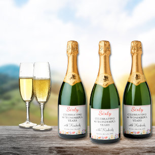 Floral 60th birthday bottle 60 years party  sparkling wine label