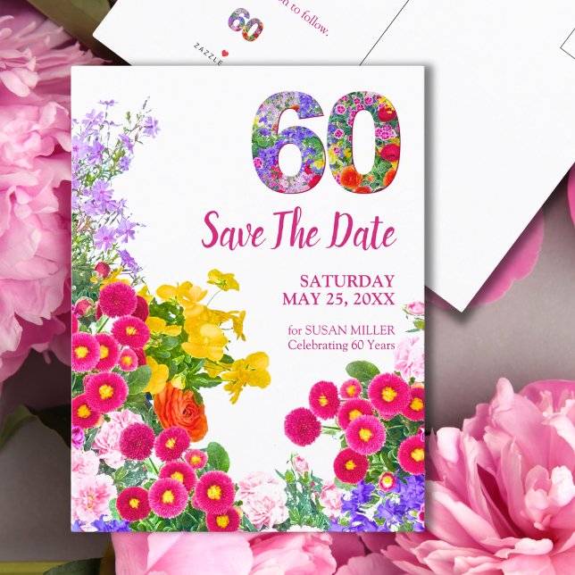 Floral 60th Birthday – Colourful Garden Design Announcement Postcard (Creator Uploaded)