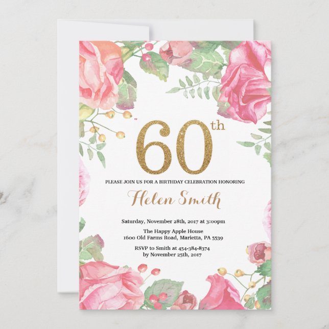 Floral 60th Birthday Invitation Gold Glitter (Front)