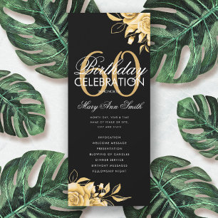 Floral 60th Birthday Program Gold & Black w/ Menu