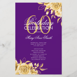 Floral 60th Birthday Program Gold & Purple w/ Menu