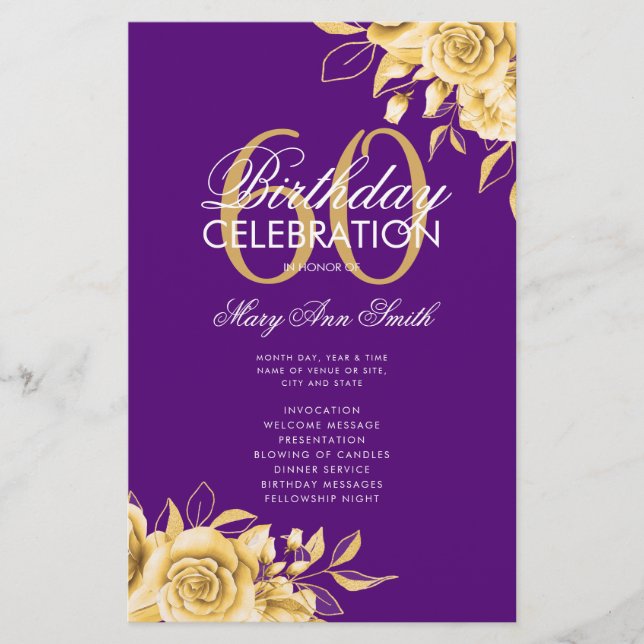 Floral 60th Birthday Program Gold & Purple w/ Menu (Front)