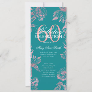 Floral 60th Birthday Program Rose Gold Teal Menu