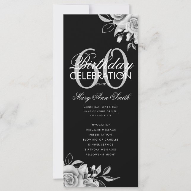 Floral 60th Birthday Program Silver Black w/ Menu (Front)