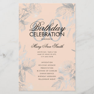 Floral 60th Birthday Program Silver Menu Blush