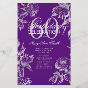 Floral 60th Birthday Program Silver Purple Menu
