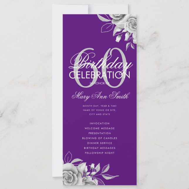 Floral 60th Birthday Program Silver Purple w/ Menu (Front)