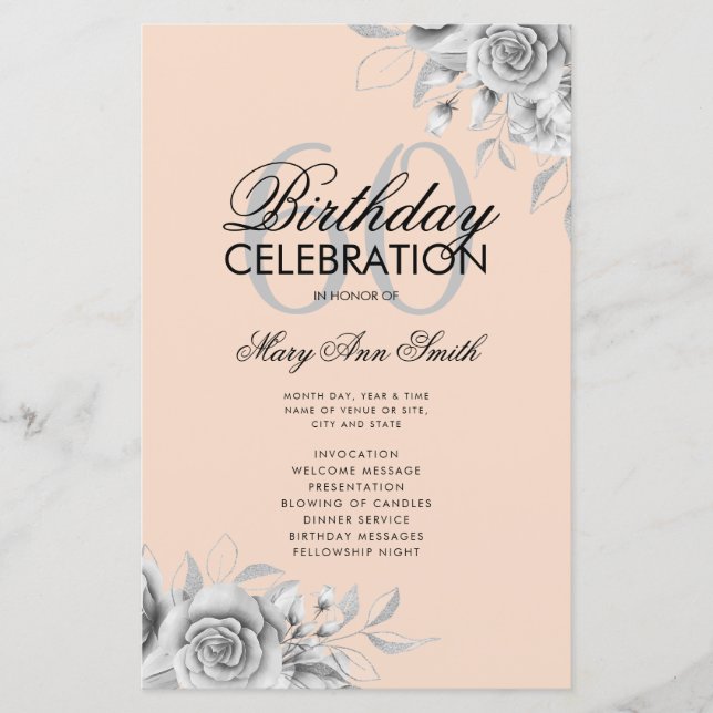 Floral 60th Birthday Program Silver w/ Menu Blush (Front)