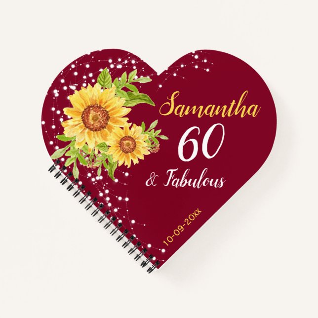 Floral 60th Birthday Sunflower Burgundy Guest Notebook (Front)