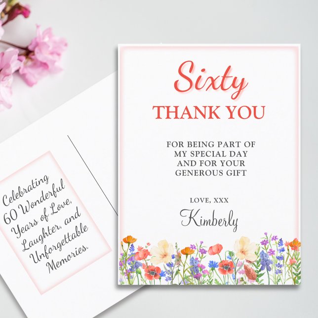Floral 60th birthday thank you 60 years flowers postcard (Creator Uploaded)