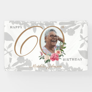 Floral 60th Birthday White Gold Chic Custom Photo Banner