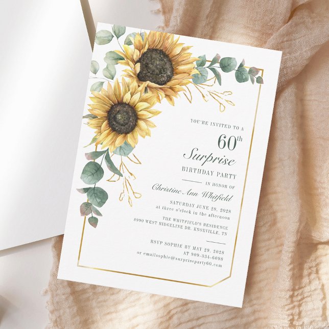 Floral 60th Sunflower Watercolor Birthday Invitation (Floral 60th Birthday Sunflower Eucalyptus Invitation)