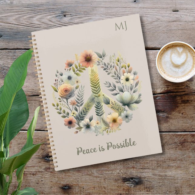 Floral 70s Retro "Peace is Possible" Peace Sign Notebook (Creator Uploaded)