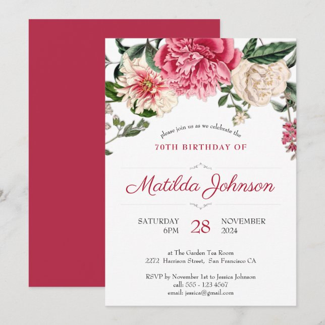 Floral 70th Birthday Botanical Elegant Pink Red Invitation (Front/Back)