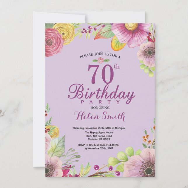 Floral 70th Birthday Invitation for Women Purple (Front)