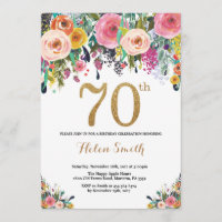 Floral 70th Birthday Invitation Gold Glitter