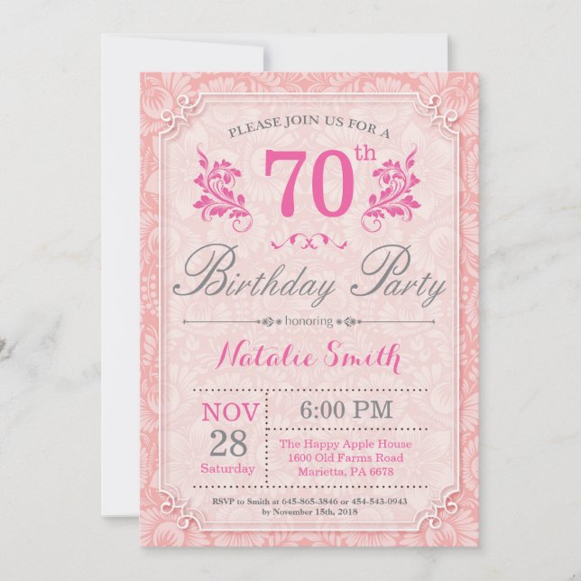 Floral 70th Birthday Invitation Pink for Women (Front)