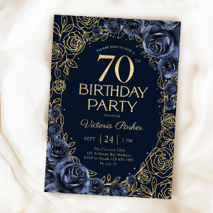 Floral 70th Birthday Navy Blue Gold Invitation