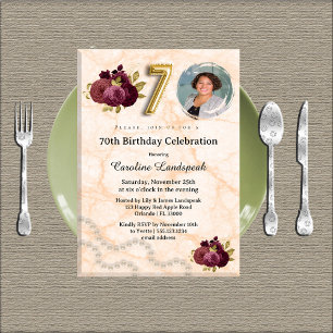Floral 70th Birthday Party & Gold Foil Balloon Invitation