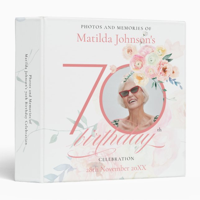 Floral 70th Birthday Party Pink Roses Custom Photo Binder (Front/Spine)
