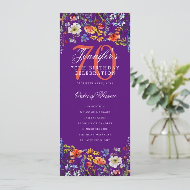 Floral 70th Birthday Party Program Menu Purple  (Standing Front)