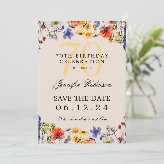 Floral 70th Birthday Party Save the Date Champagne Invitation (Standing Front)