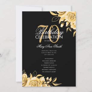 Floral 70th Birthday Program Gold & Black w/ Menu