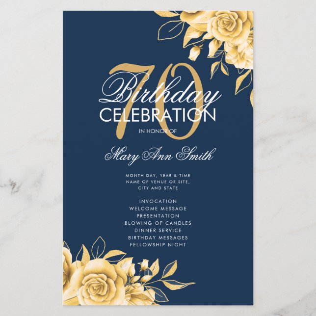 Floral 70th Birthday Program Gold & Navy avec menu (Devant)