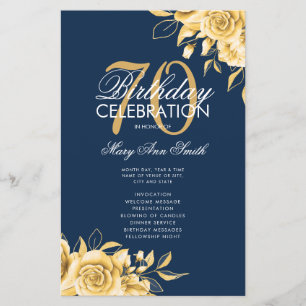 Floral 70th Birthday Program Gold & Navy avec menu