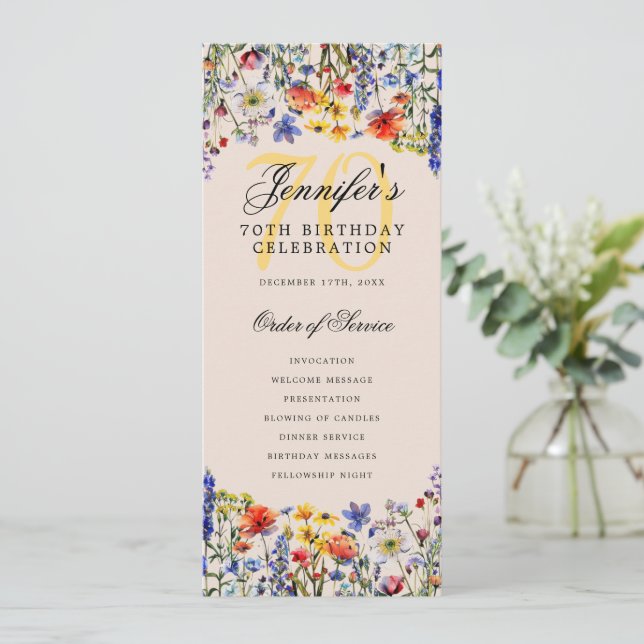 Floral 70th Birthday Program Menu Champagne (Standing Front)