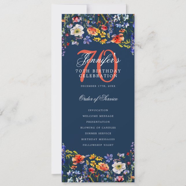 Floral 70th Birthday Program Menu Thank You Navy  (Front)