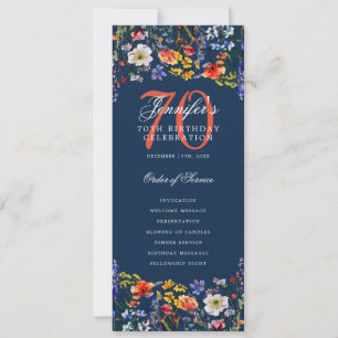 Floral 70th Birthday Program Menu Thank You Navy 