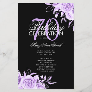 Floral 70th Birthday Program Purple Black w/ Menu
