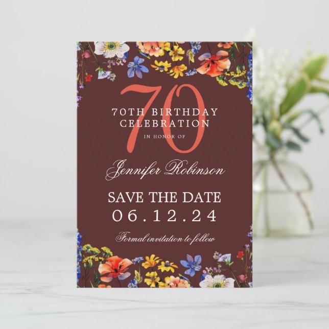 Floral 70th Birthday Save the Date Burgundy  Invitation (Standing Front)