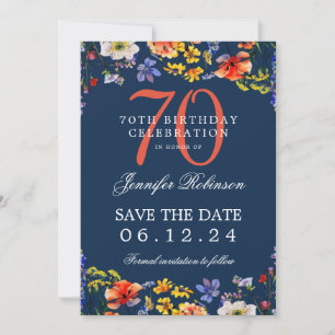 Floral 70th Birthday Save the Date Navy  Invitation