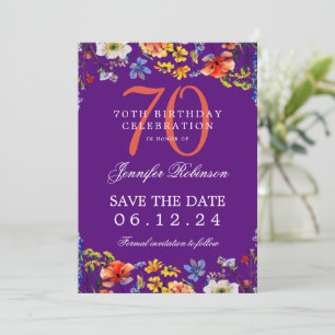 Floral 70th Birthday Save the Date Purple  Invitation