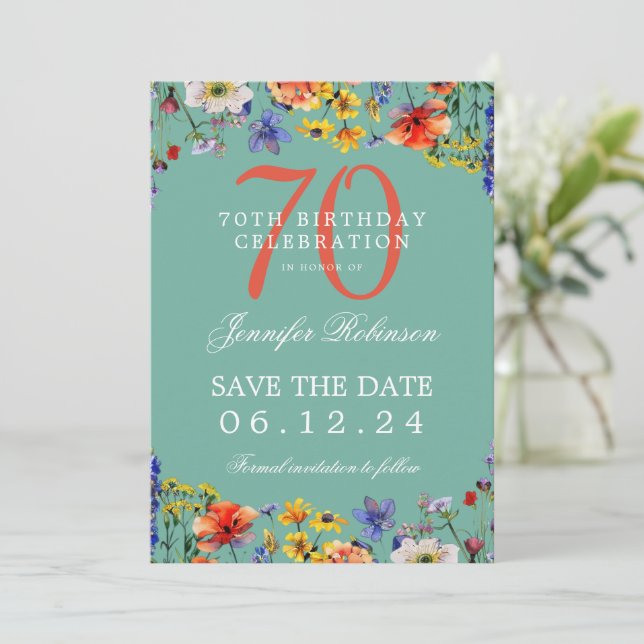 Floral 70th Birthday Save the Date Teal  Invitation (Standing Front)