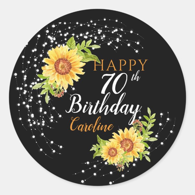Floral 70th Birthday Sunflower Classic Round Sticker (Front)