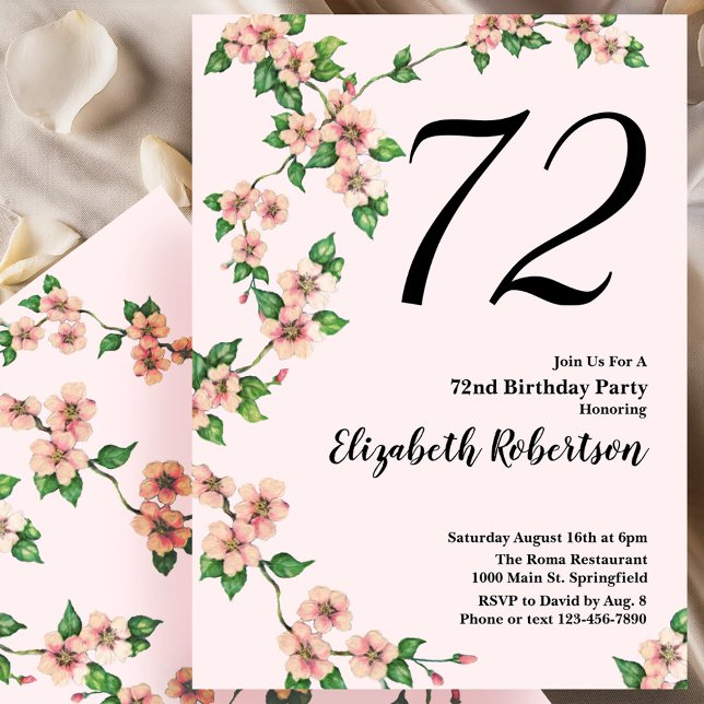 Floral 72nd Birthday Invitation in Blush Pink (Creator Uploaded)