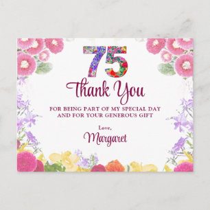 Floral 75th Birthday Thank You Elegant Postcard
