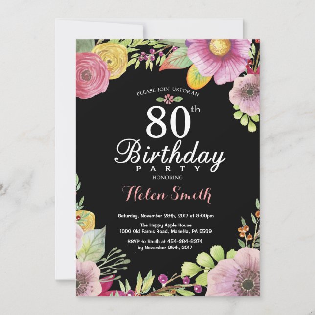 Floral 80e anniversaire Invitation pour les femmes (Devant)